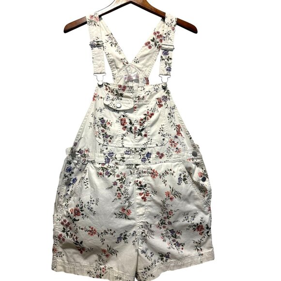 No Boundaries Pants - Floral Print Shortalls/Overalls Off White Denim Cottage Y2K Size XL Jrs  15-17